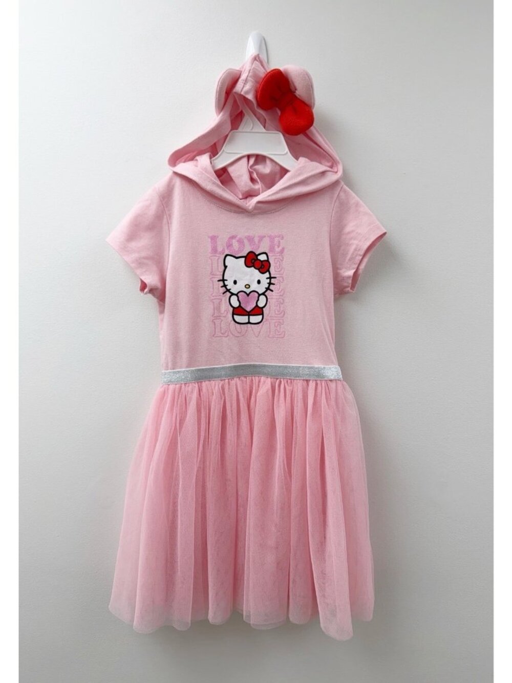 Hello Kitty LOVE Girls T-shirt Dress Sz S (6 -6X ) Hooded Bow Heart Pink